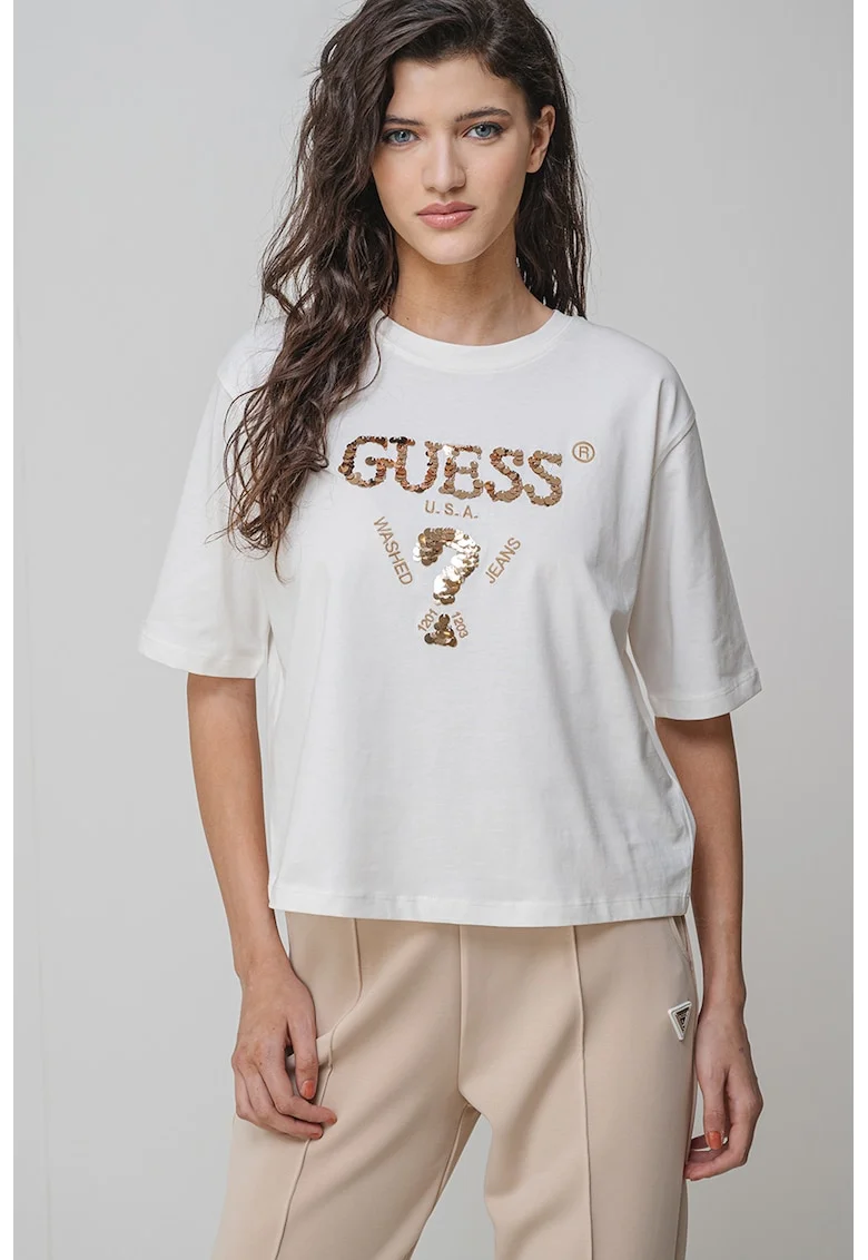 Tricou din bumbac cu paiete pentru antrenament, Auriu/Alb fildes