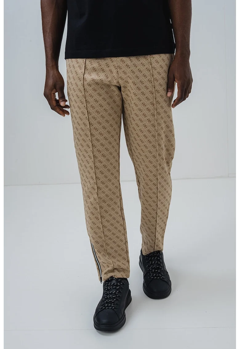 Pantaloni de trening slim fit cu snur si monograma, Maro camel