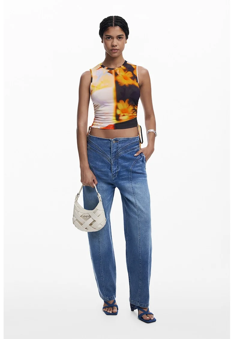 Top crop cu drapaje laterale, Negru/Galben