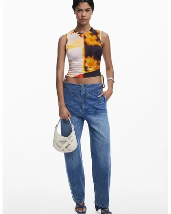 Top crop cu drapaje laterale, Negru/Galben
