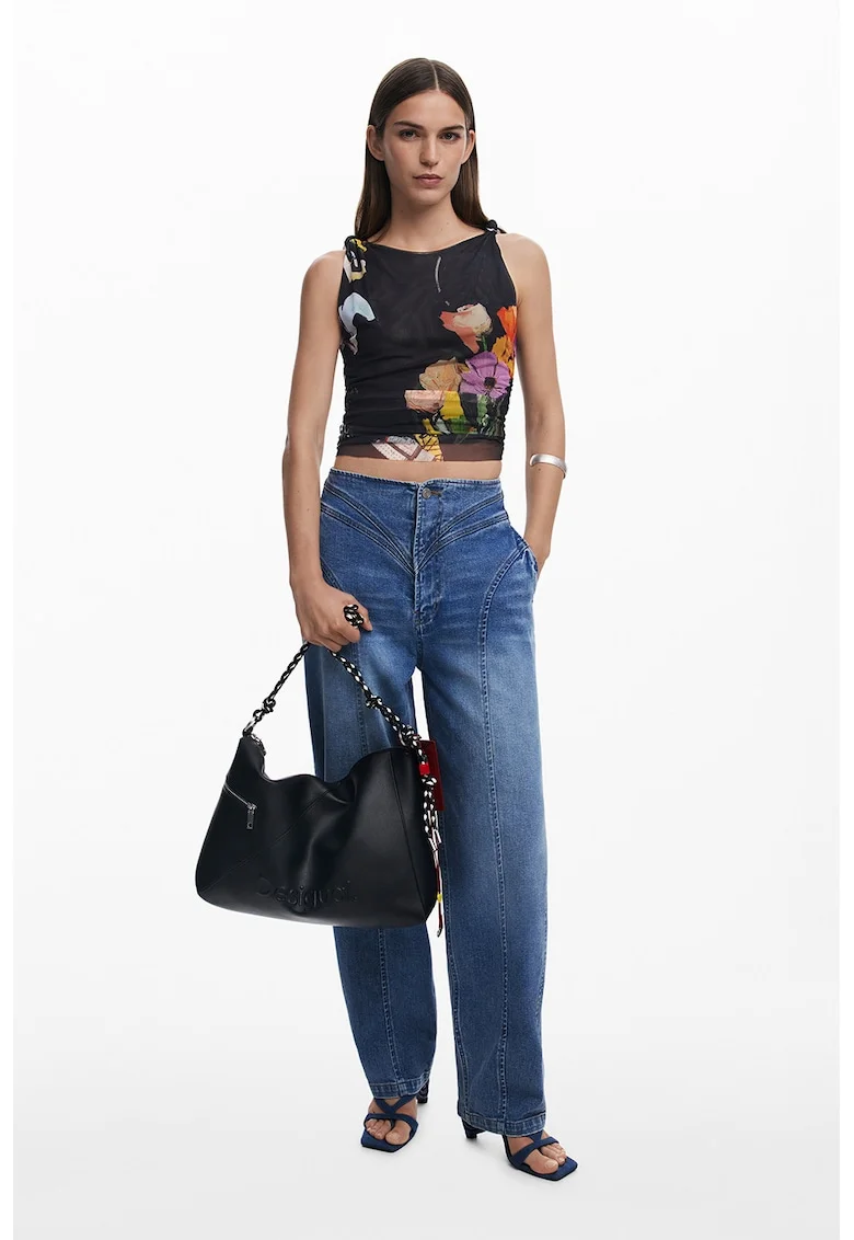 Top slim fit cu model floral, Negru