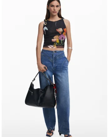 Top slim fit cu model floral, Negru