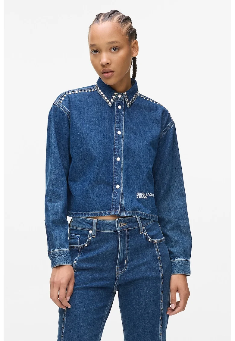 Jacheta crop din denim cu aplicatii cu nituri, Albastru petrol