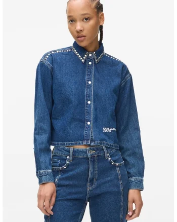 Jacheta crop din denim cu aplicatii cu nituri, Albastru petrol
