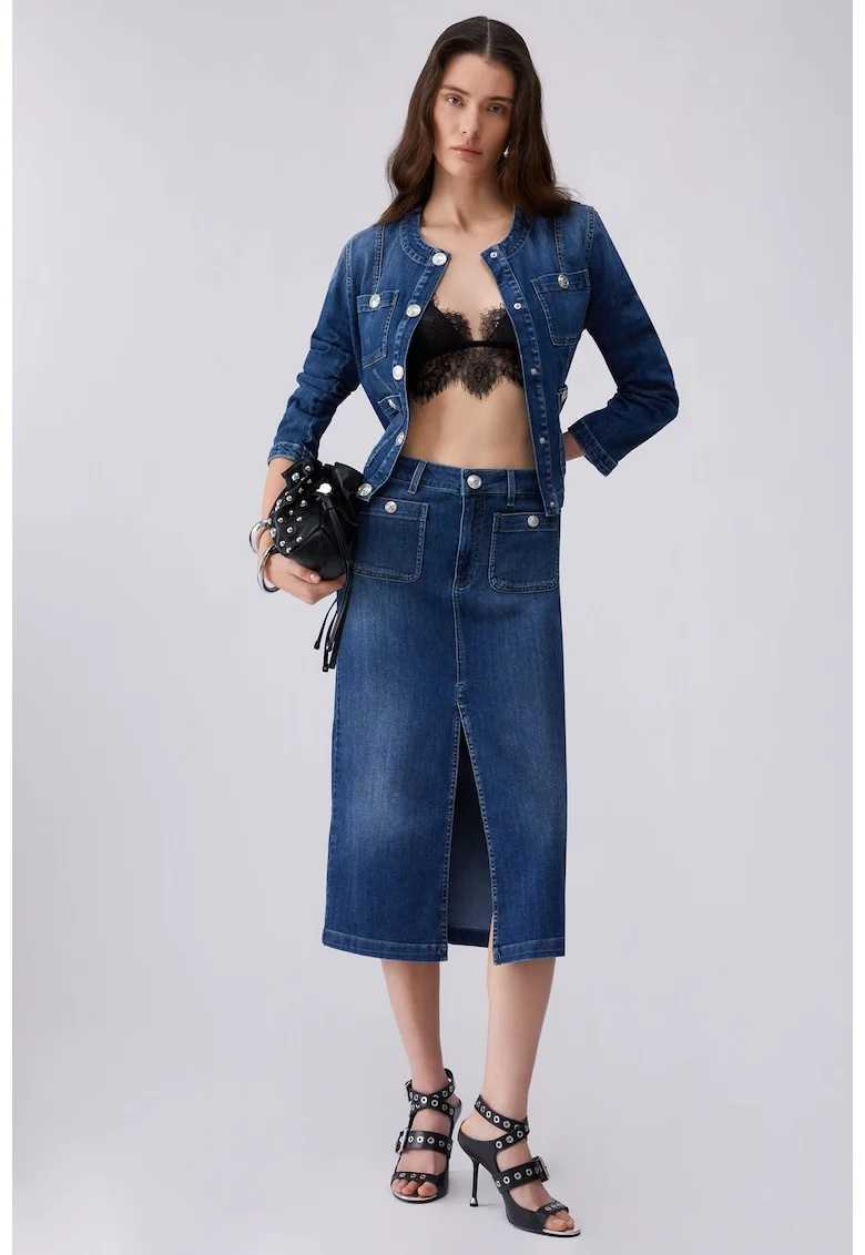 Jacheta din denim cu buzunare cu logo, Bleumarin