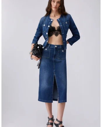 Jacheta din denim cu buzunare cu logo, Bleumarin