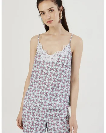 Top cu garnitura cu dantela si model, Roz fandango/Albastru deschis