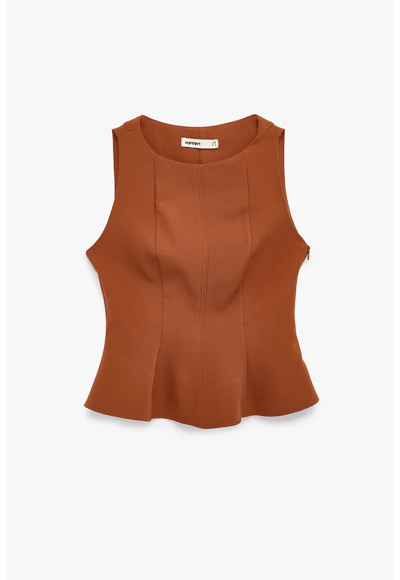 Top slim-fit cu volan peplum, Caramel