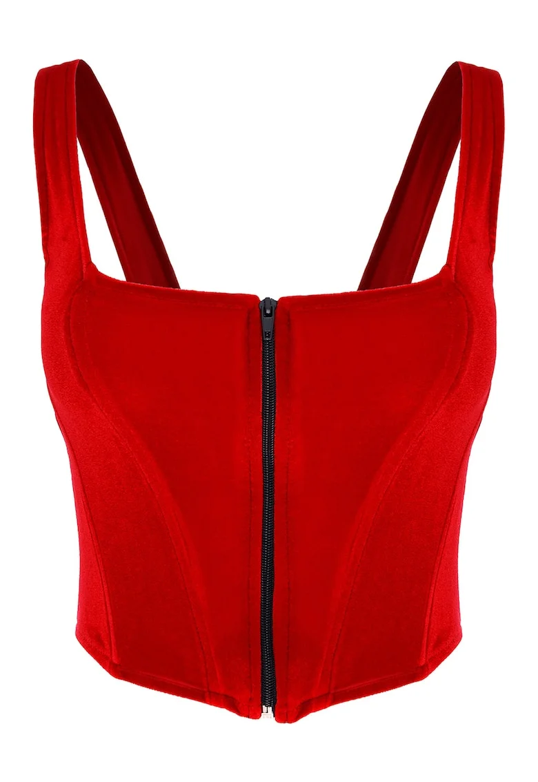 Top crop cu aspect de catifea si inchidere cu fermoar, Rosu