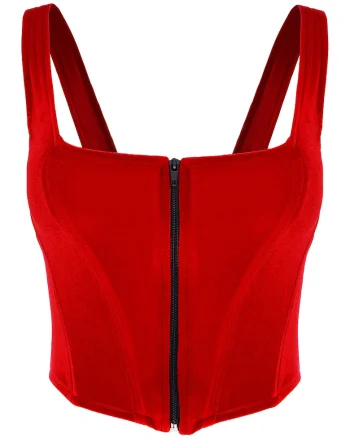 Top crop cu aspect de catifea si inchidere cu fermoar, Rosu
