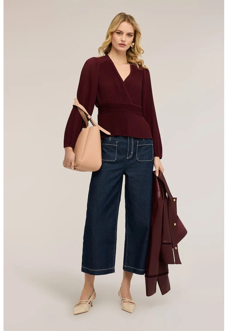 Bluza cu decolteu cache-coeur si model plisat, Rosu inchis