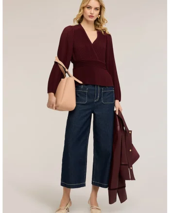 Bluza cu decolteu cache-coeur si model plisat, Rosu inchis