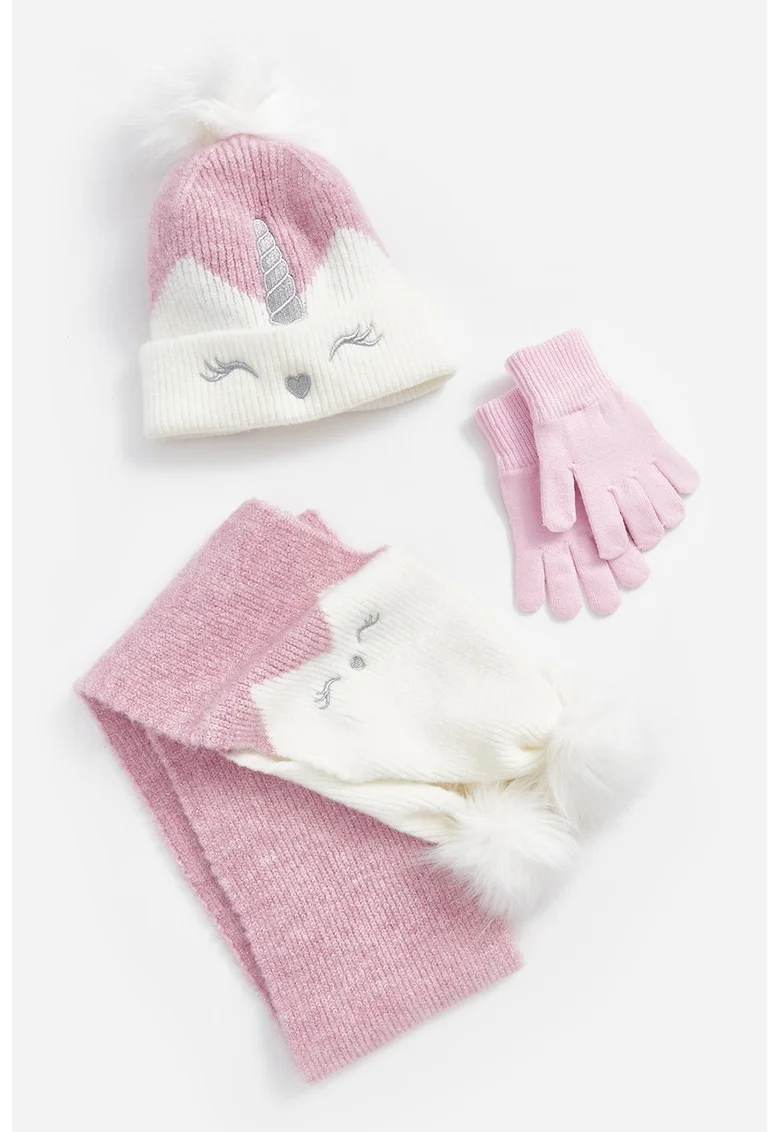 Set de caciula elastica si manusi tricotate cu design unicorn, Roz pastel/Alb murdar