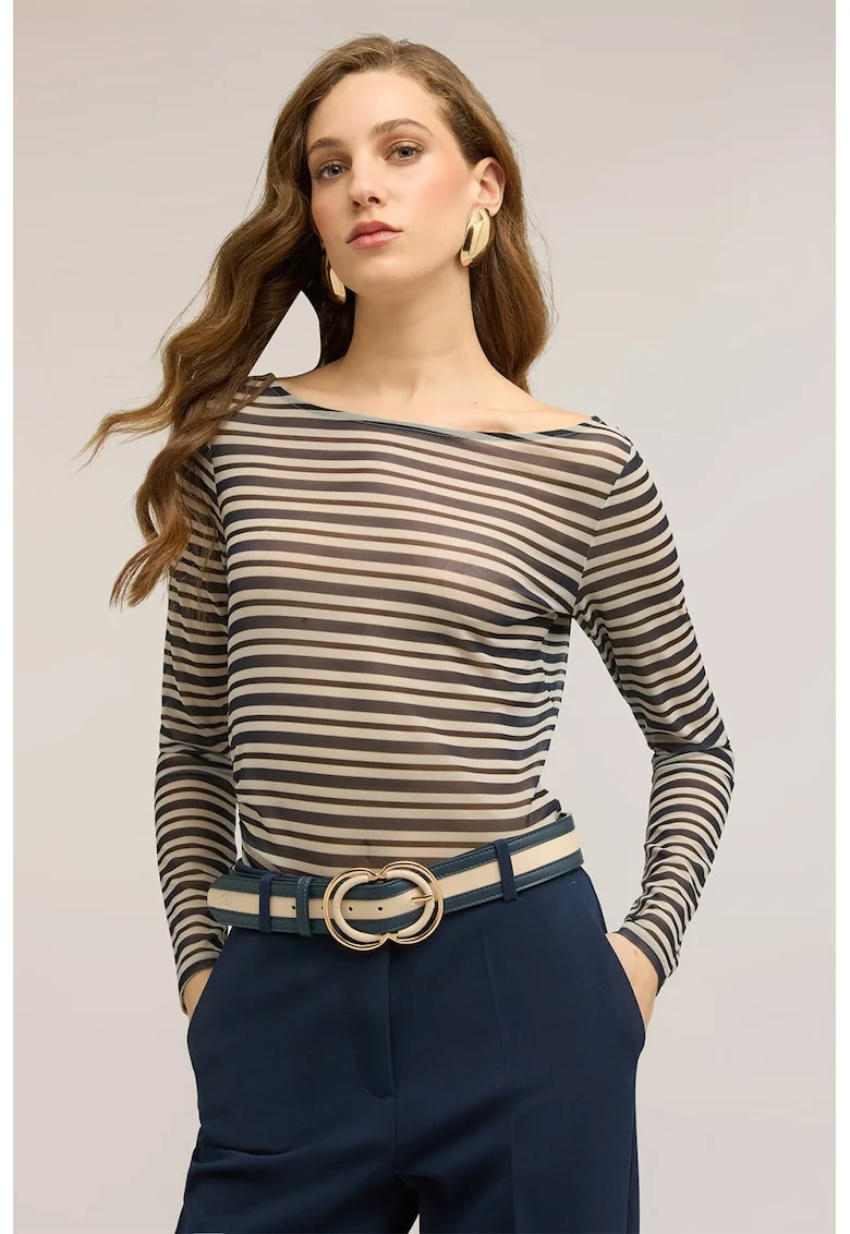 Bluza in dungi cu decolteu rotund, Negru/Bej