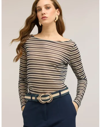 Bluza in dungi cu decolteu rotund, Negru/Bej