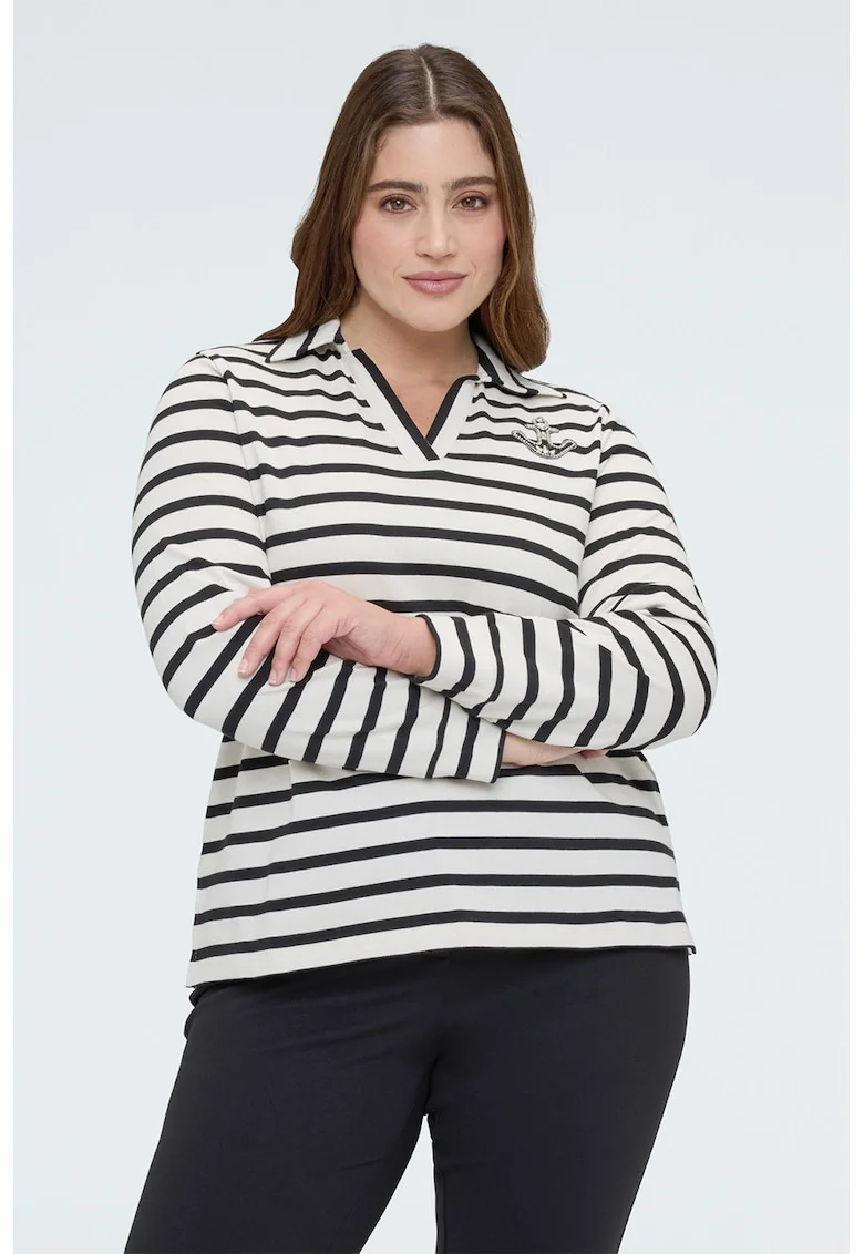 Bluza polo cu model in dungi, Alb/Negru