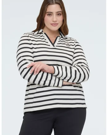Bluza polo cu model in dungi, Alb/Negru