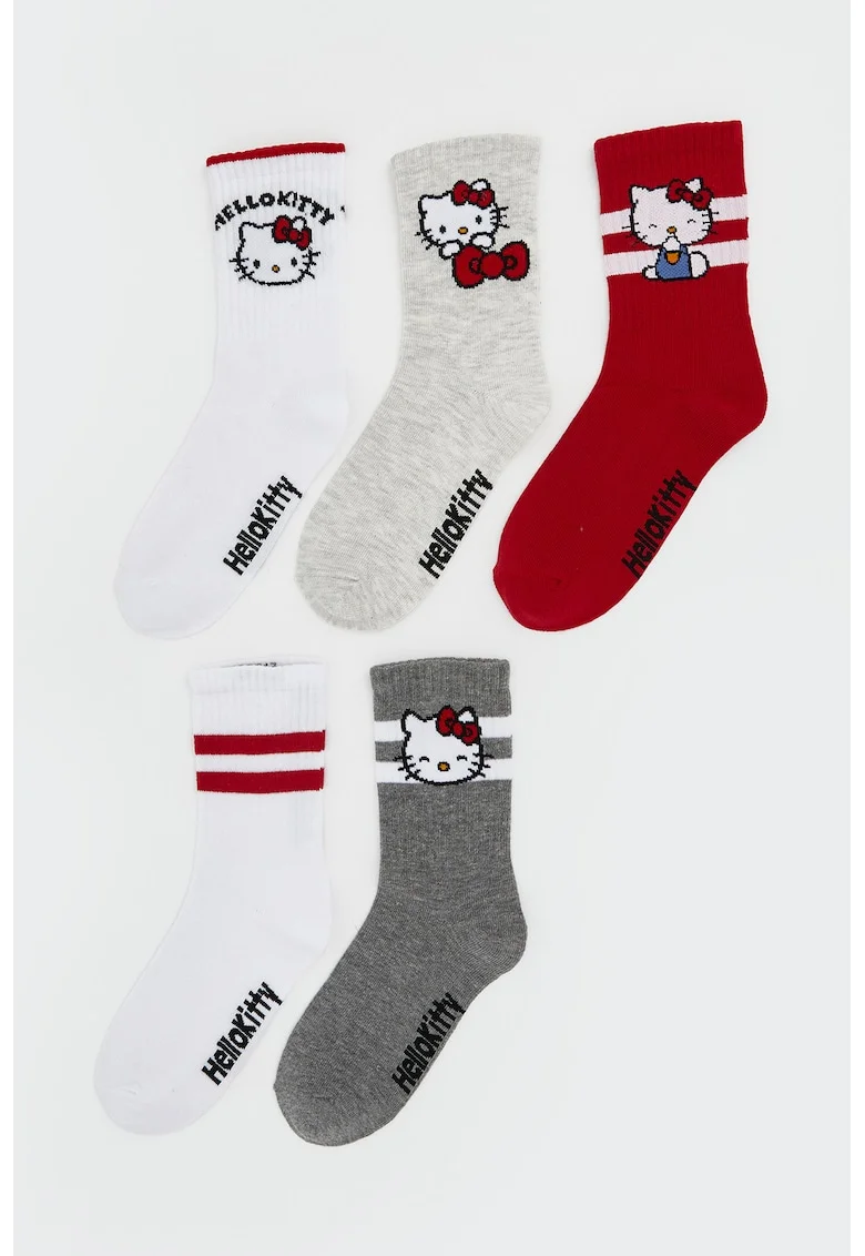 Set de sosete cu Hello Kitty - 5 perechi, Rosu/Gri/Alb optic