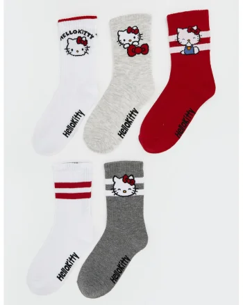 Set de sosete cu Hello Kitty - 5 perechi, Rosu/Gri/Alb optic