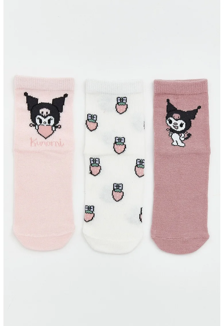 Set de sosete pana la glezna cu imprimeu Kuromi - 3 perechi, Alb/Negru/Roz