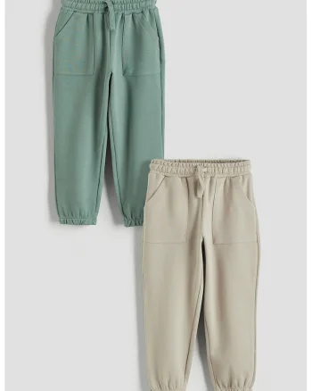 Set de pantaloni de trening din amestec de bumbac - 2 piese, Verde/Bej