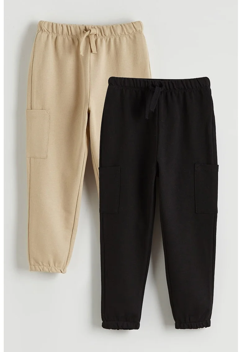 Set de pantaloni de trening din amestec de bumbac - 2 piese, Negru/Bej