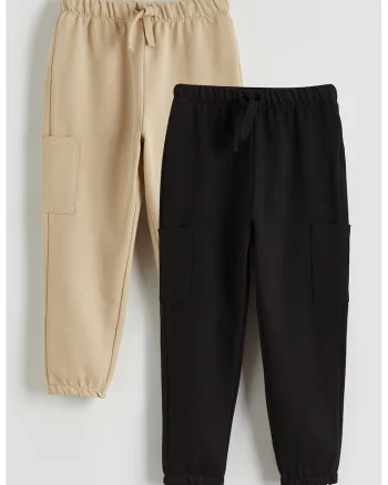 Set de pantaloni de trening din amestec de bumbac - 2 piese, Negru/Bej