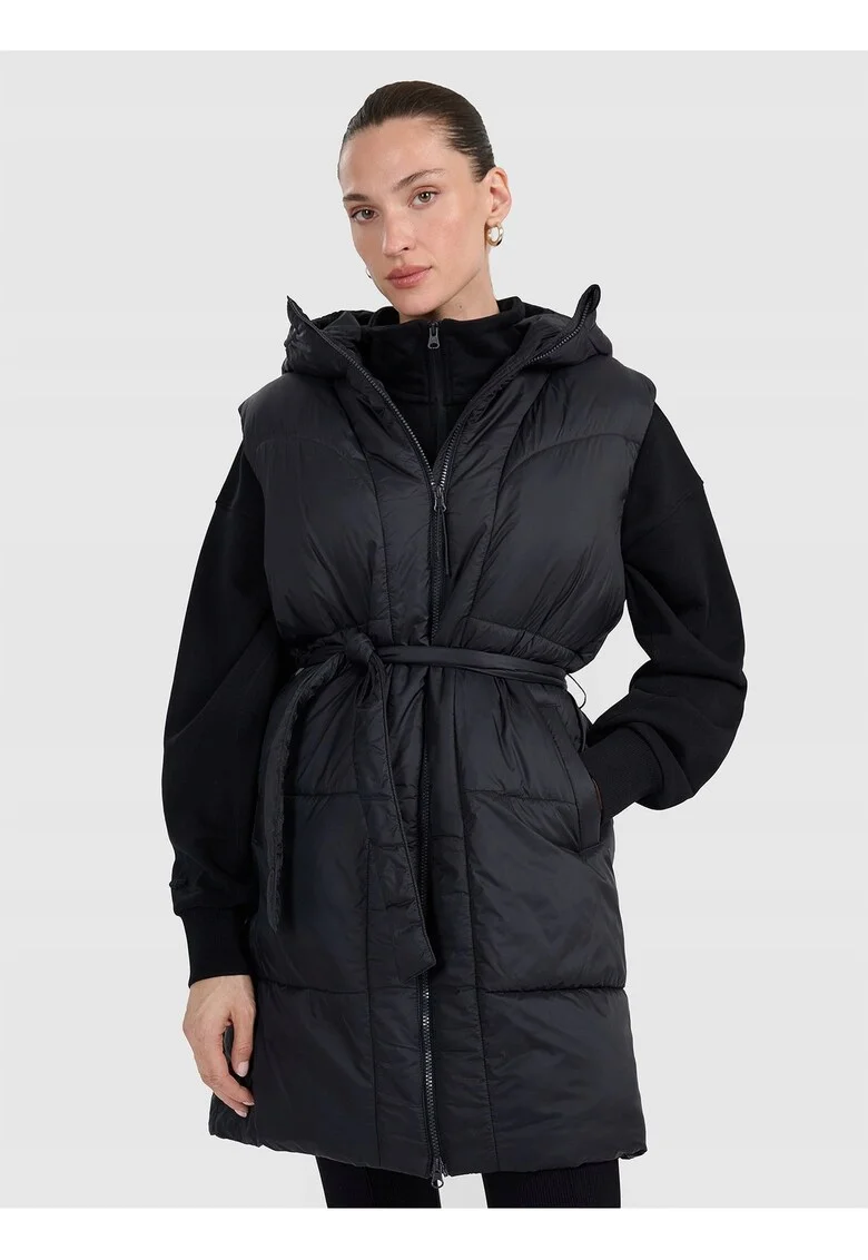 Vesta lunga de puf  negru, gluga, hidrofob, poliester, pentru femei,