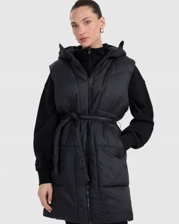 Vesta lunga de puf  negru, gluga, hidrofob, poliester, pentru femei,