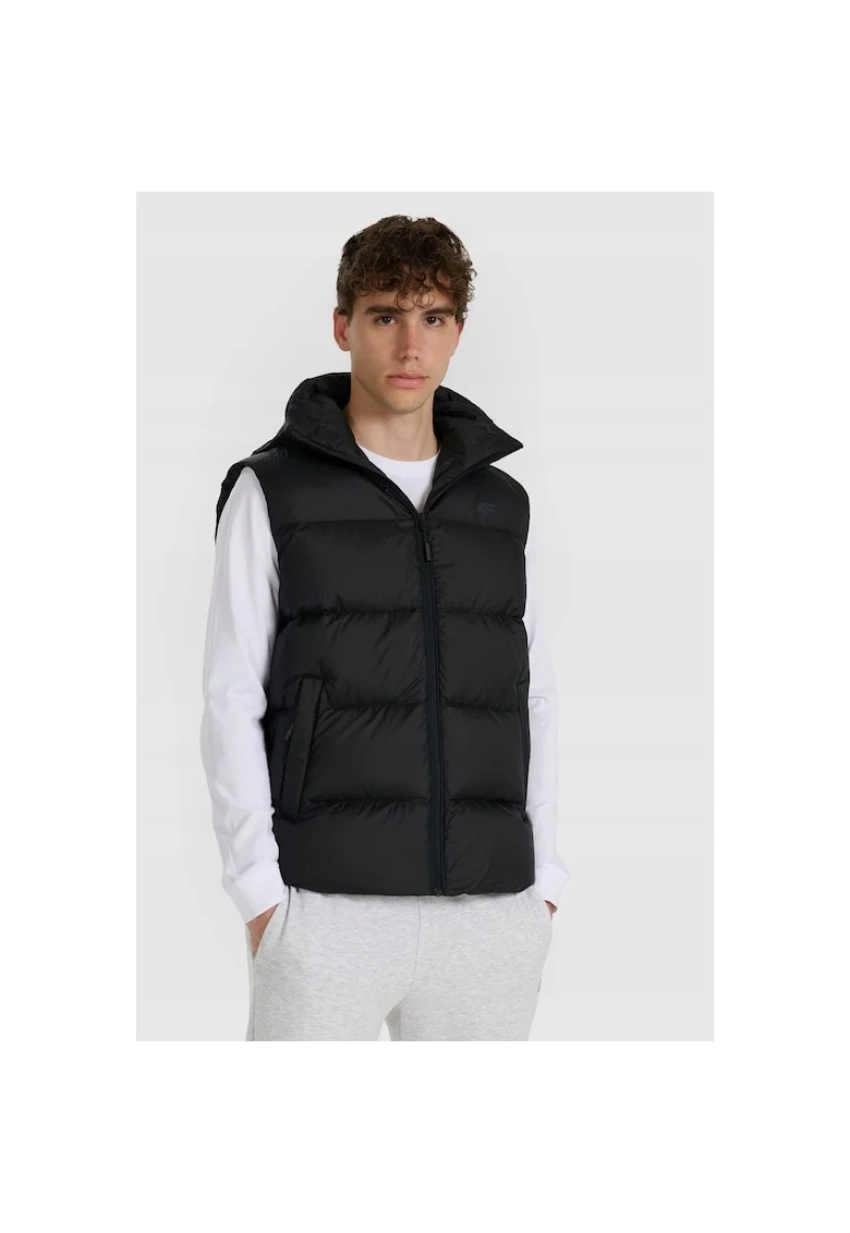 Vesta sport  matlasata, neagra, umplutura din puf natural, pentru barbati, set cu gluga detasabila