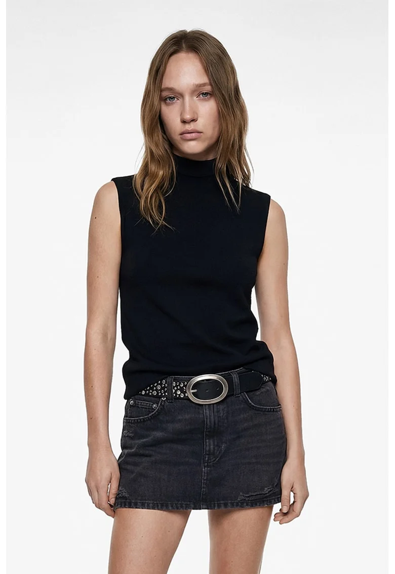 Top din amestec de bumbac cu model uni, Negru