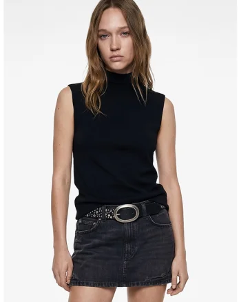 Top din amestec de bumbac cu model uni, Negru