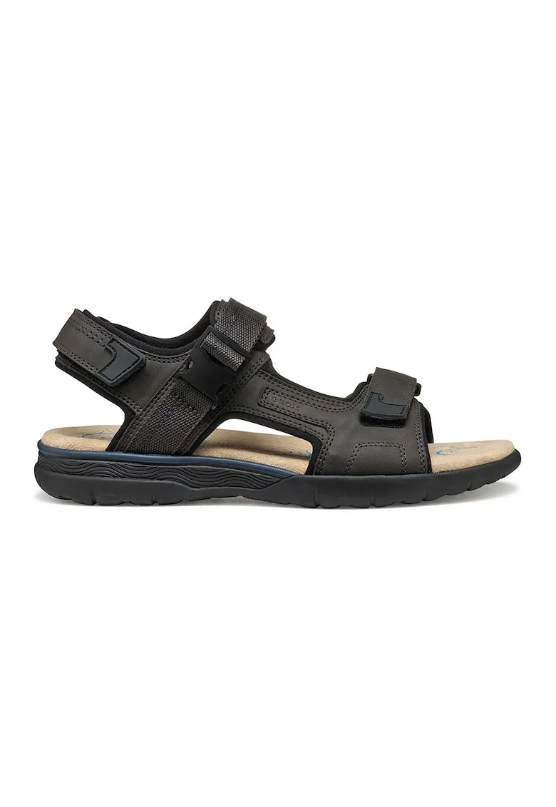 Sandale de piele ecologica si material textil cu velcro, Albastru pastel/Maro inchis/Bej