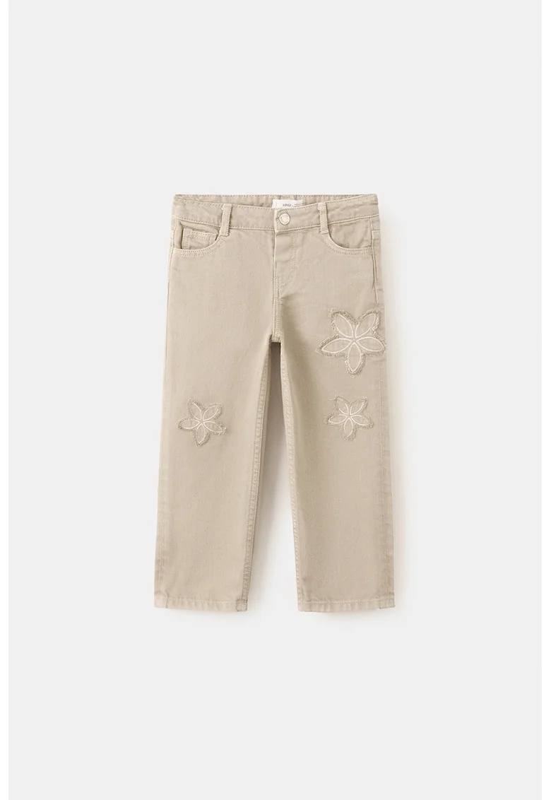 Blugi cu croiala dreapta si detalii cu model floral, Maro camel