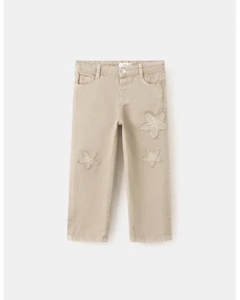 Blugi cu croiala dreapta si detalii cu model floral, Maro camel