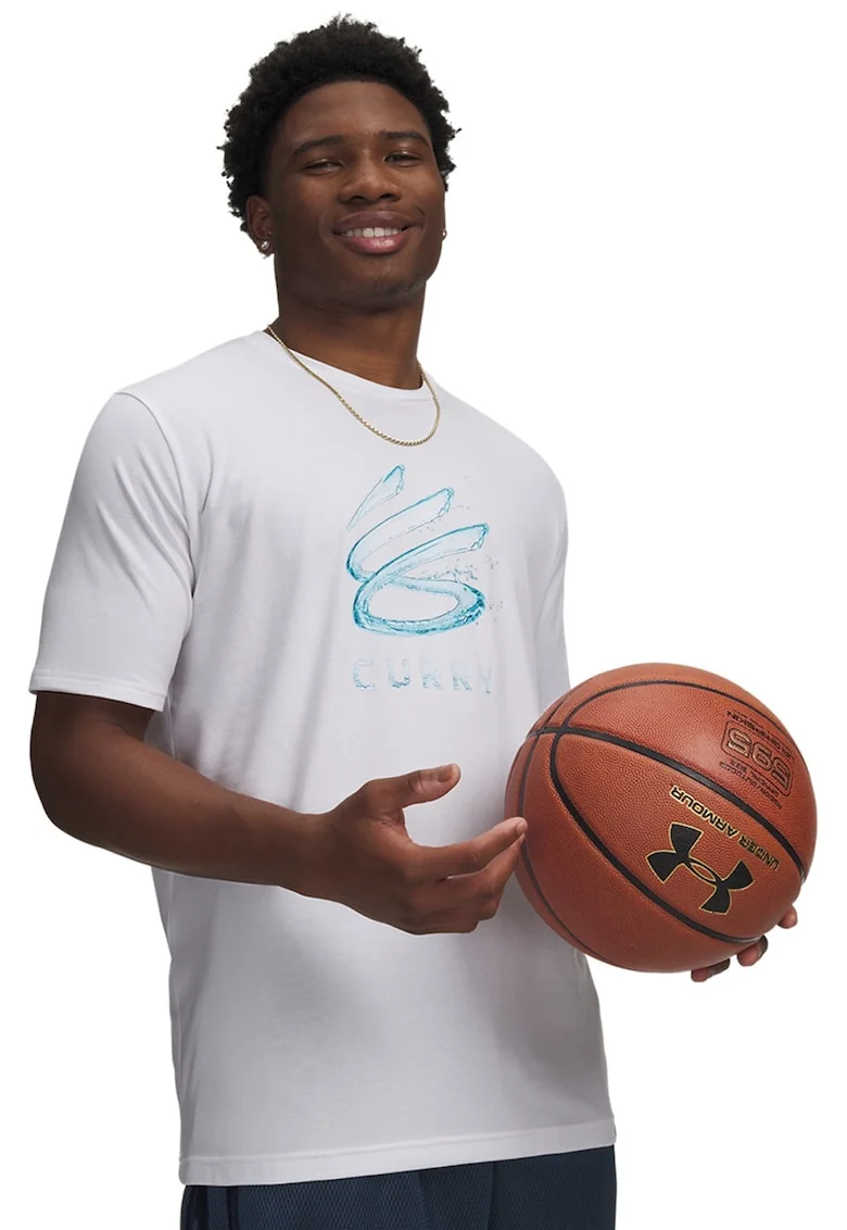 Tricou cu imprimeu pe partea din fata, pentru baschet Curry Splash, Albastru pastel/Alb optic