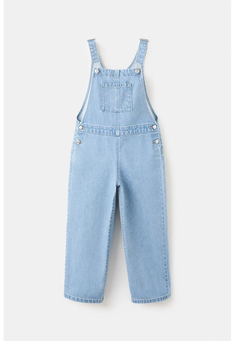 Salopeta din denim cu broderie si buzunar pe piept, Albastru deschis