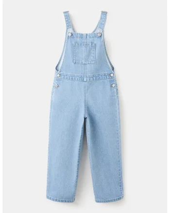 Salopeta din denim cu broderie si buzunar pe piept, Albastru deschis