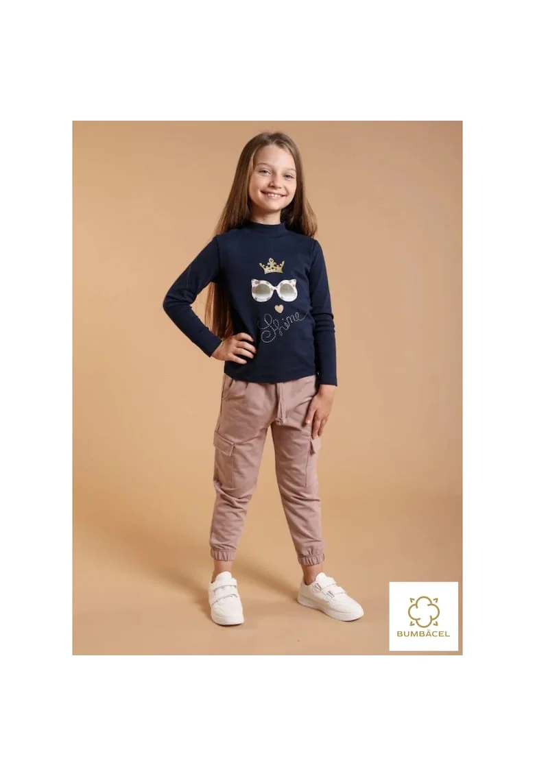 Pantaloni lungi pentru fetite, cu bata elastica cu snur si buzunare laterale, din bumbac, Maro