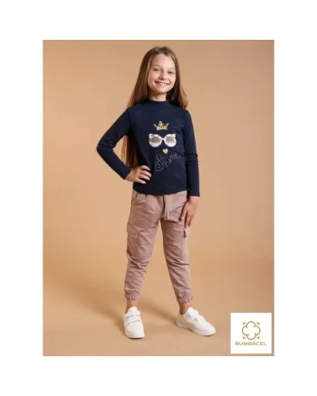 Pantaloni lungi pentru fetite, cu bata elastica cu snur si buzunare laterale, din bumbac, Maro