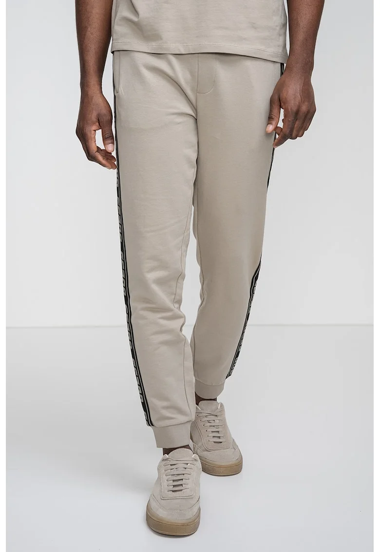 Pantaloni de trening cu benzi logo laterale si snur, Grej