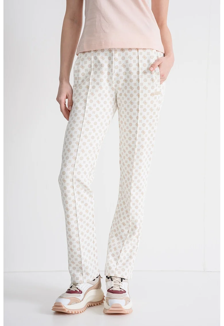 Pantaloni de trening cu croiala regular-fit si model logo, Alb fildes/Bej