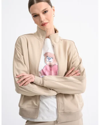 Bluza de trening cu fermoar si imprimeu logo discret, Maro taupe deschis