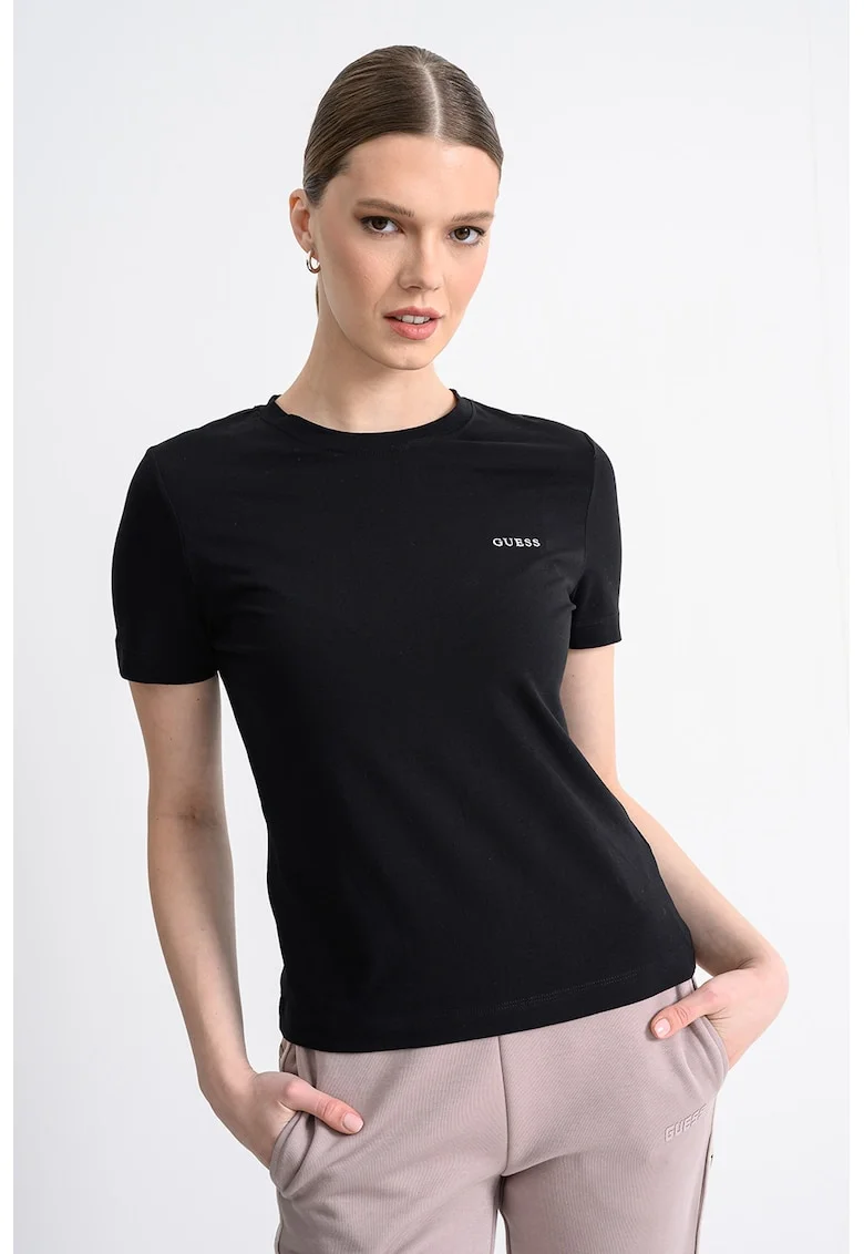 Tricou din bumbac cu decolteu la baza gatului, Negru