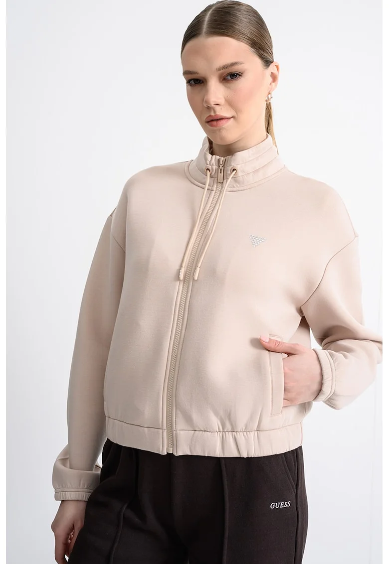 Bluza de trening crop cu fermoar, Maro nisip/Argintiu