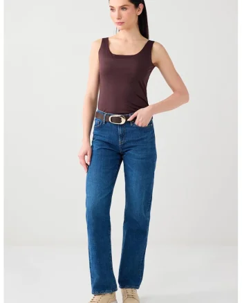 Top slim fit cu decolteu adanc, Maro inchis
