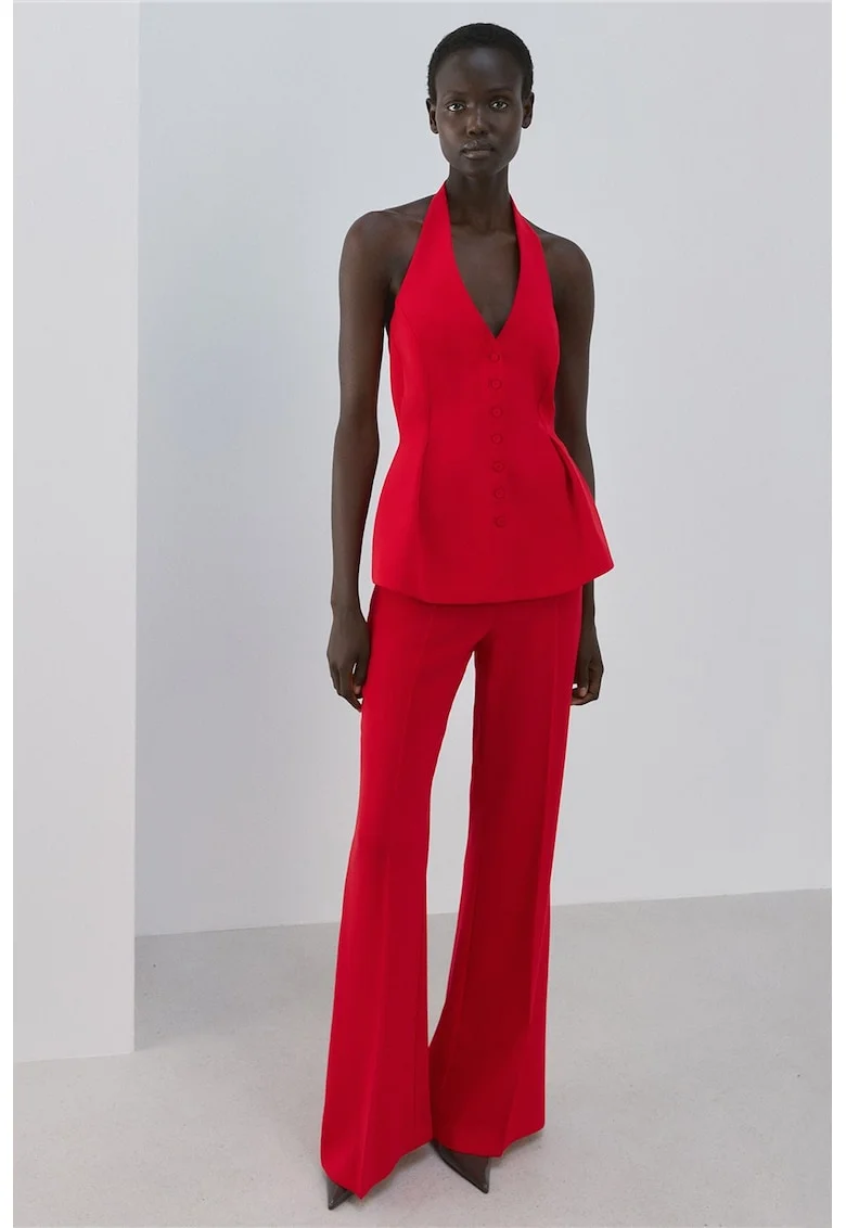 Top cu decolteu halter si model uni, Rosu