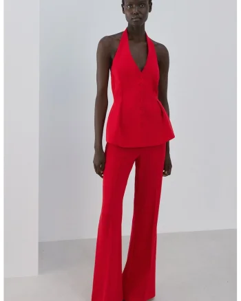 Top cu decolteu halter si model uni, Rosu