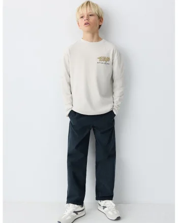 Pantaloni din amestec de bumbac cu croiala dreapta si snururi de ajustare, Bleumarin