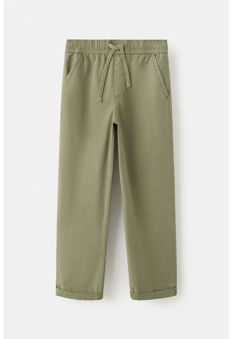Pantaloni din amestec de bumbac cu croiala dreapta si snururi de ajustare, Kaki